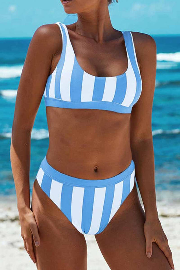 Athletic Striped Tank Sport High Waist Two Piece Swimsuit