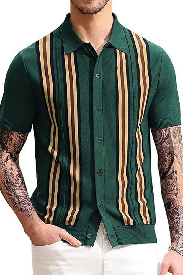 Men's Green Striped Short Sleeve Polo Shirt