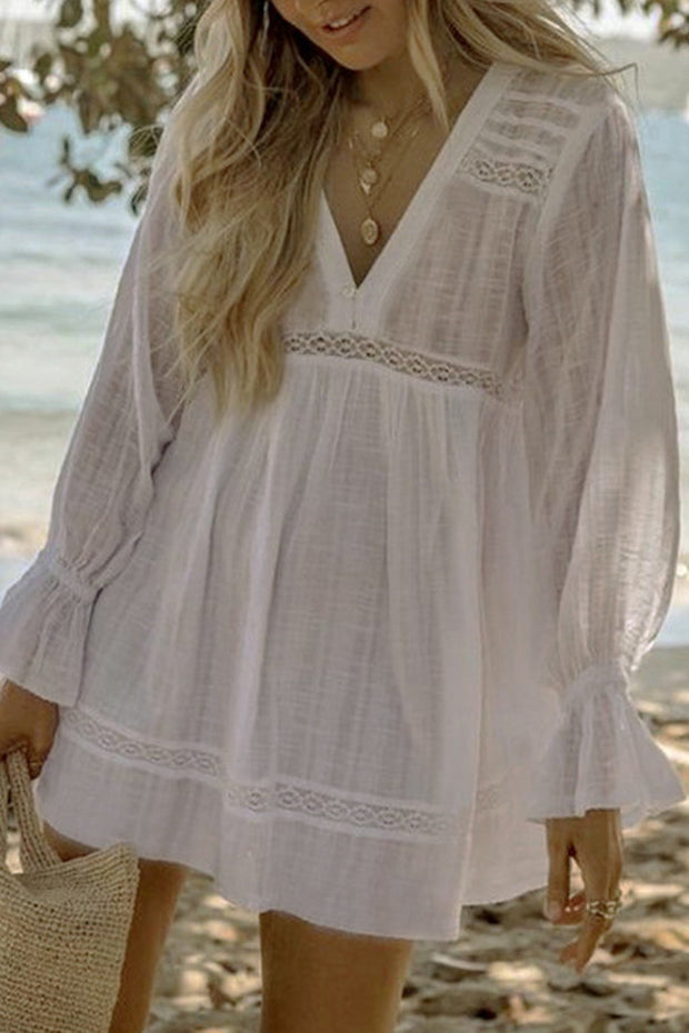 Lace Ruffled Patchwork V Neck Cover up