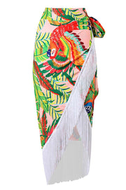 Bird Print Tassel Design One Shoulder Two Pieces Swimsuit With Cover Up