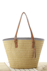 Trendy Leather Straps Woven Straw Beach Shoulder Bag