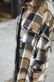Lapel Plaid Slit Long Woolen Coat