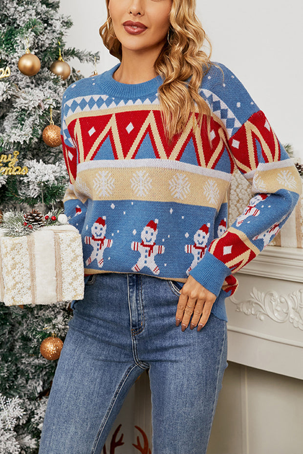 Christmas Color Block Snowflake Snowman Pullover Sweater