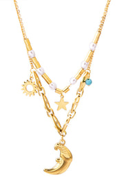 Good Night Moon Chain Pearl Star Double Layer Pendant Necklace