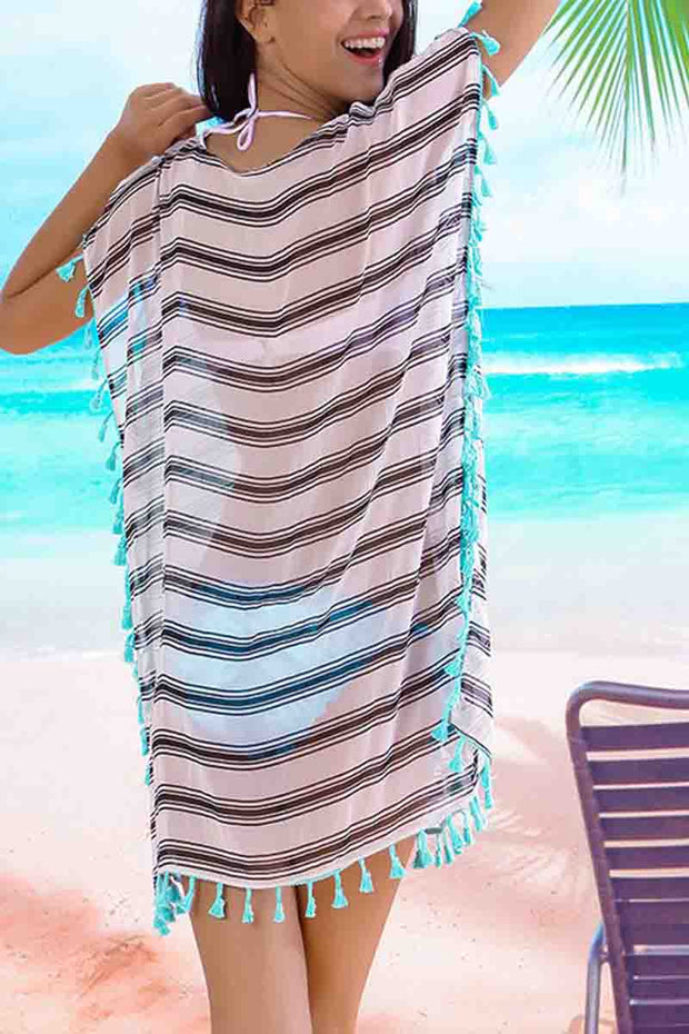 Stripe Fringed Blouse Solid Beach Dress