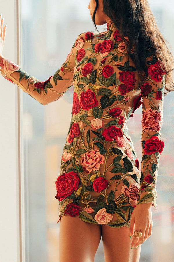 Rosie Moments Floral Applique Long Sleeve Mini Dress