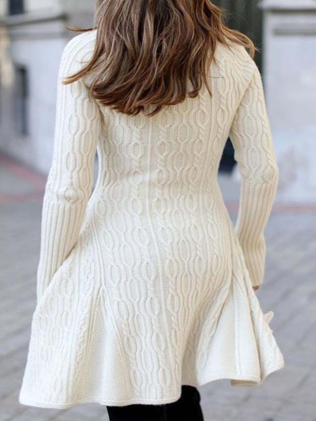 Solid Cable-knit Turtleneck Casual Long Sweater Dress