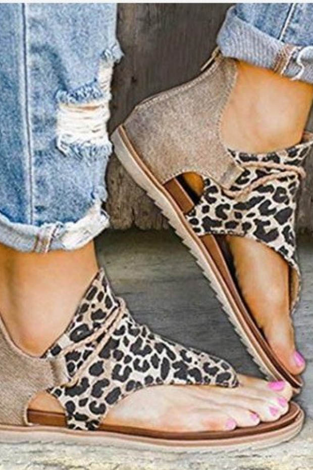 Animal Print Zipper Flat Heel Sandals