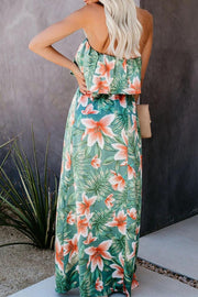 Tropical Plant Print Off-shoulder Ruffled Slit Maxi Dress
