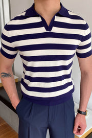 Men's Striped Lapel Short Sleeve Jersey