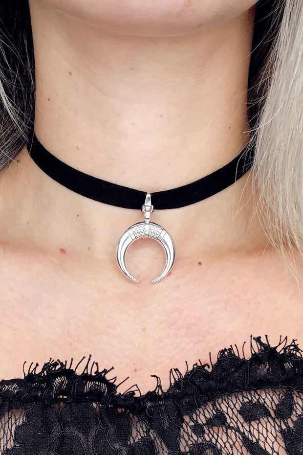 Silver Moon Pendant Gothic Choker Necklace