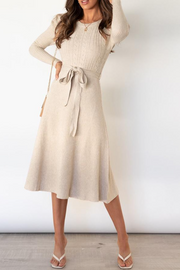 Puff Long Sleeve Belted Knit Sweater Dress