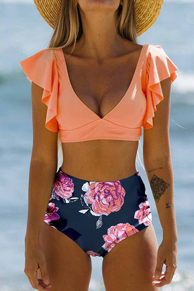 Yellow Floral V-neck High-waisted Two Piece Swimsuit