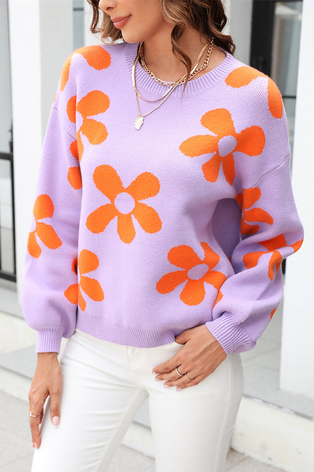 Color Block Flora Loose Pullover Sweater