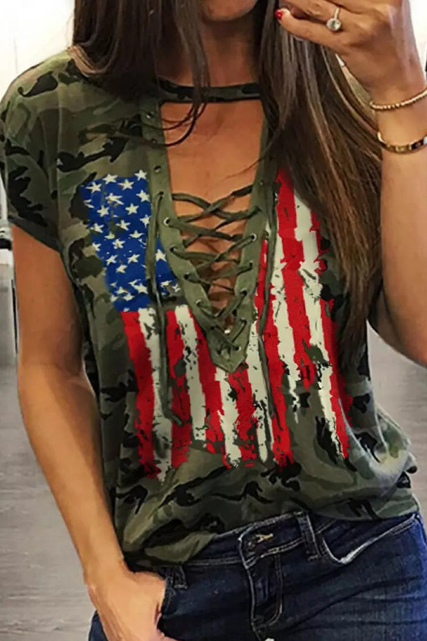 Camouflage American Flag Lace Up Blouse