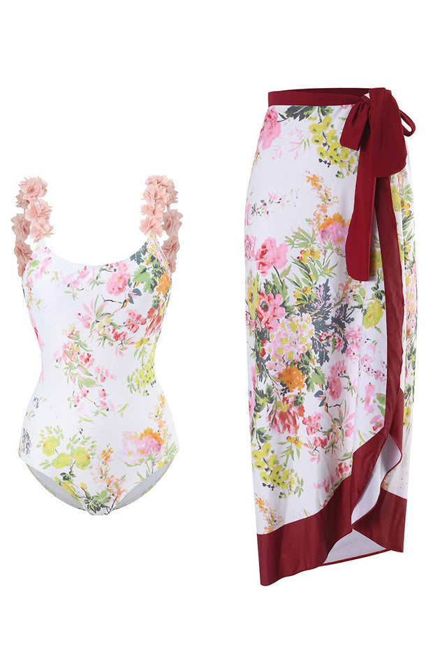 Floral Print One Piece Swimsuit With Cover Up