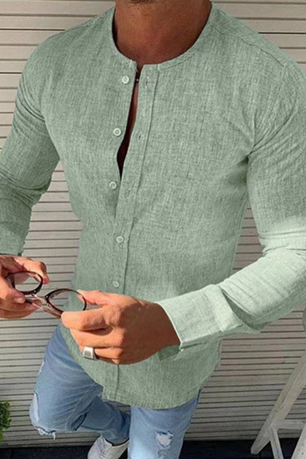 Men's Round Neck Linen Solid Shirt