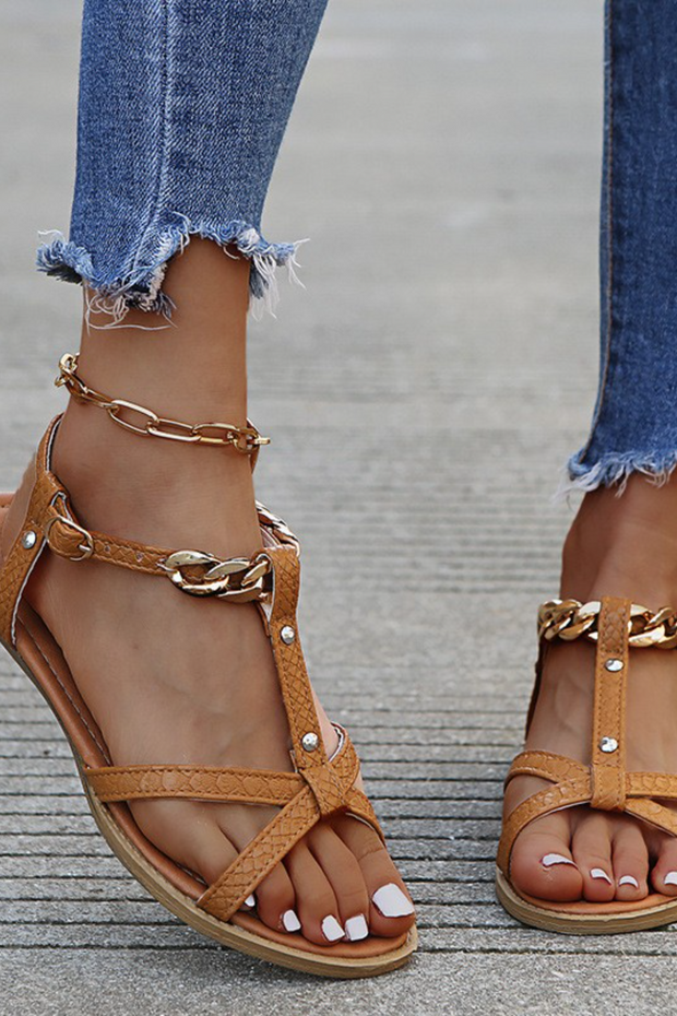 Buckle Chain Hollow-out Flat Heel Sandals