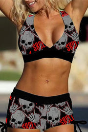 🔥Vintage Skull Print Side Drawstring Two-Piece Swimsuit