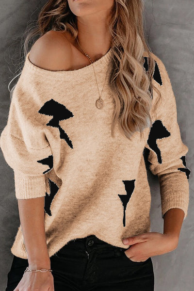 O Neck Lightning Print Khaki Sweater