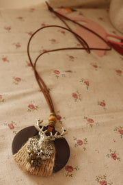 Christmas Elk Bells Hemp Rope Wood Long Necklace Sweater Chain