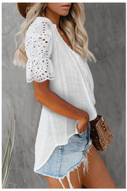 V-neck Pleated Lace Panel Short-sleeved Shirt (2 Colors)