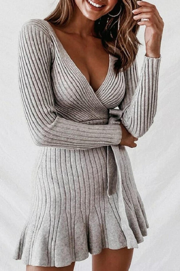 Solid Ribbed V-Neck Casual Long Sweater Dress