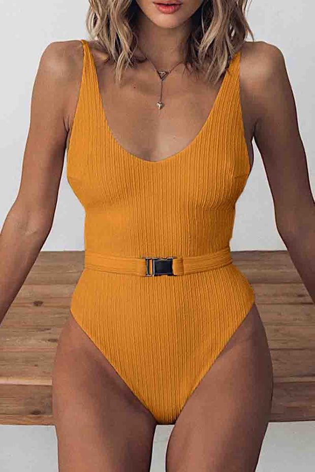 Belt Design Solid One-piece Swimsuit (5 Colors)