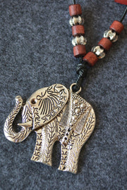 Silver Elephant Wooden Bead Pendant Necklace Sweater Chain