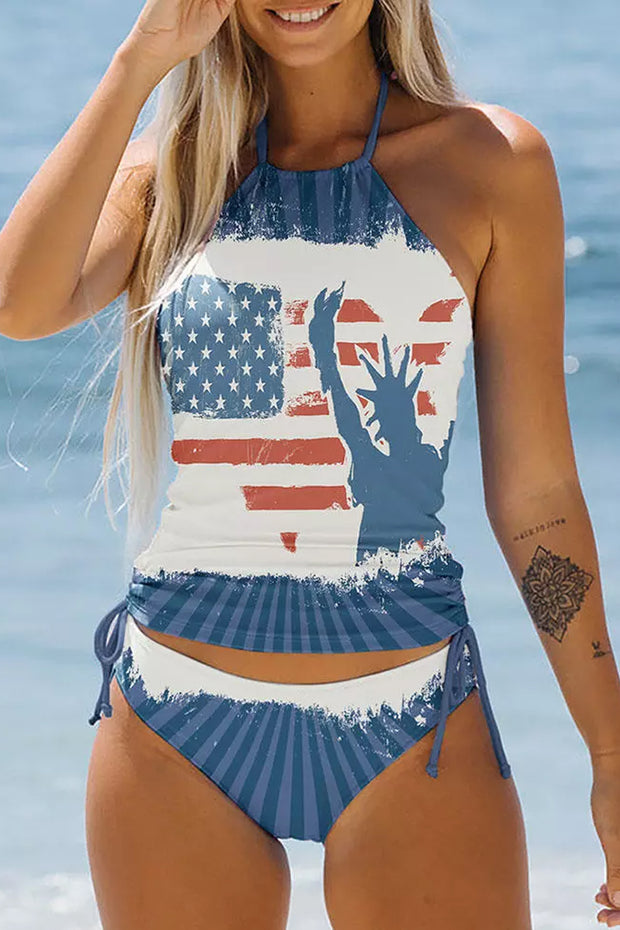 American Flag Statue Of Liberty Drawstring Halter Two Pieces Swimwear