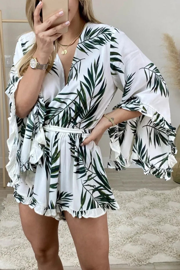 Plants Print Ruffled Lace-up White One-piece Romper