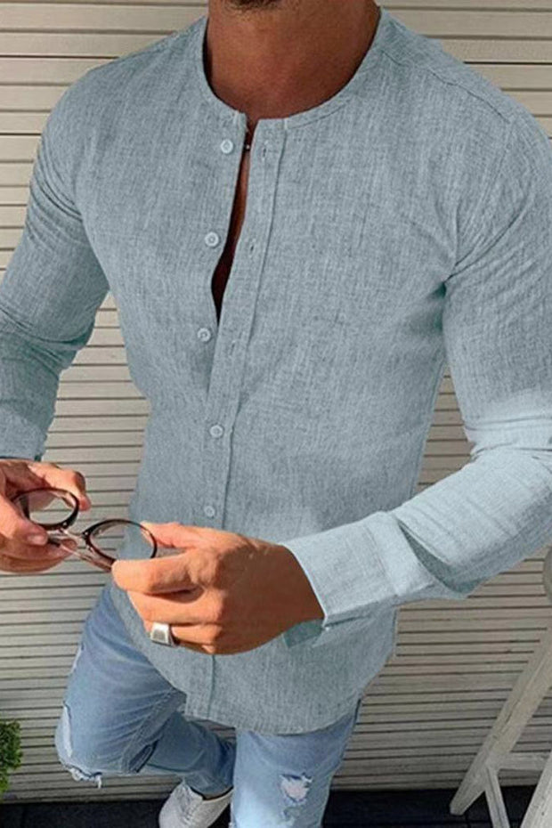 Men's Round Neck Linen Solid Shirt