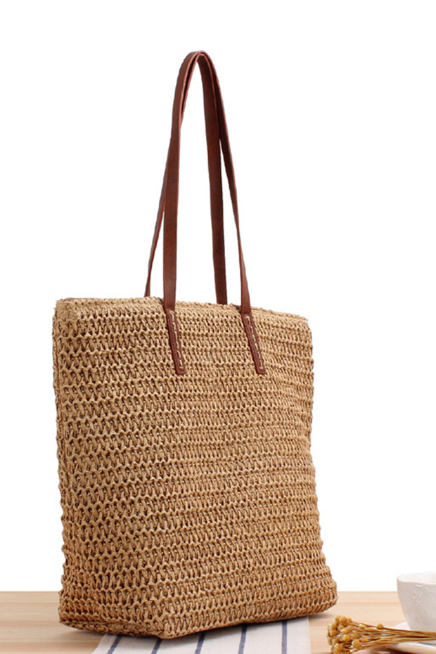 Trendy Leather Strap Woven Straw Beach Shoulder Bag