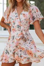 Swingy  Ruffle Sleeve  Floral Printed  Beach  Mini  Wrap  Dress