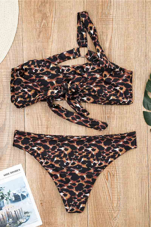 Solid Color Leopard Print With Steel Ring Two Piece Swimsuit