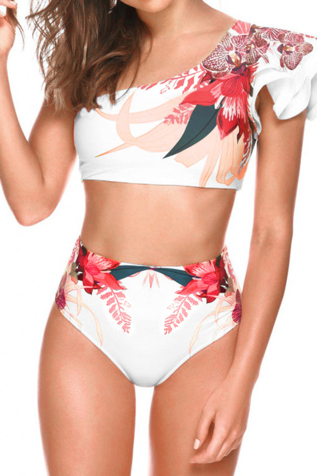Flounce Design One Shoulder Floral Print Two Pieces Swimsuit