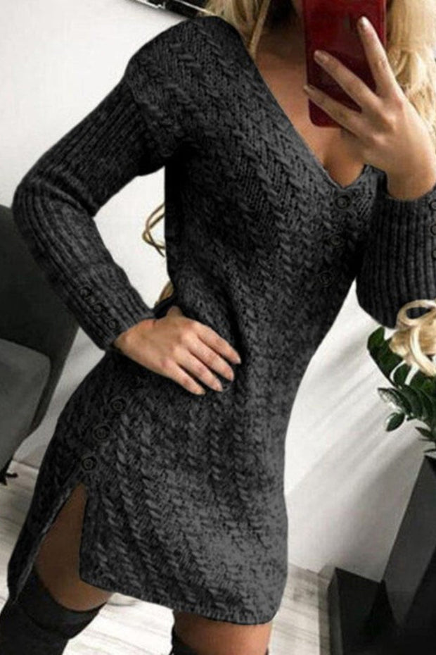Solid Cable-knit V-Neck Casual Long Tight Sweater Dress