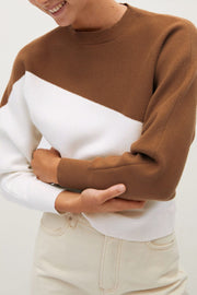 O Neck Patchwork Loose Brown Sweater