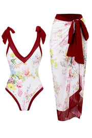Floral Print V Neck Wine Red One Piece Swimsuit With Cover Up
