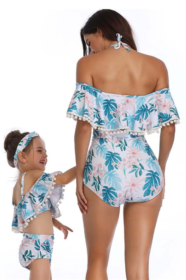 Halterneck Leaf Print Parent-child Two Pieces Swimsuit