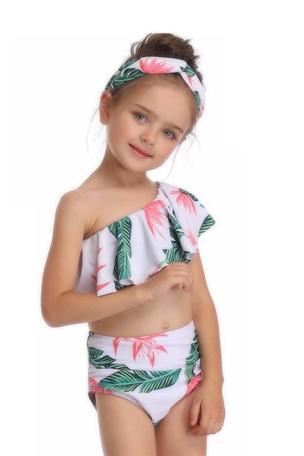 One Shoulder Ruffle Floral Print Parent-child Two Pieces Swimsuit