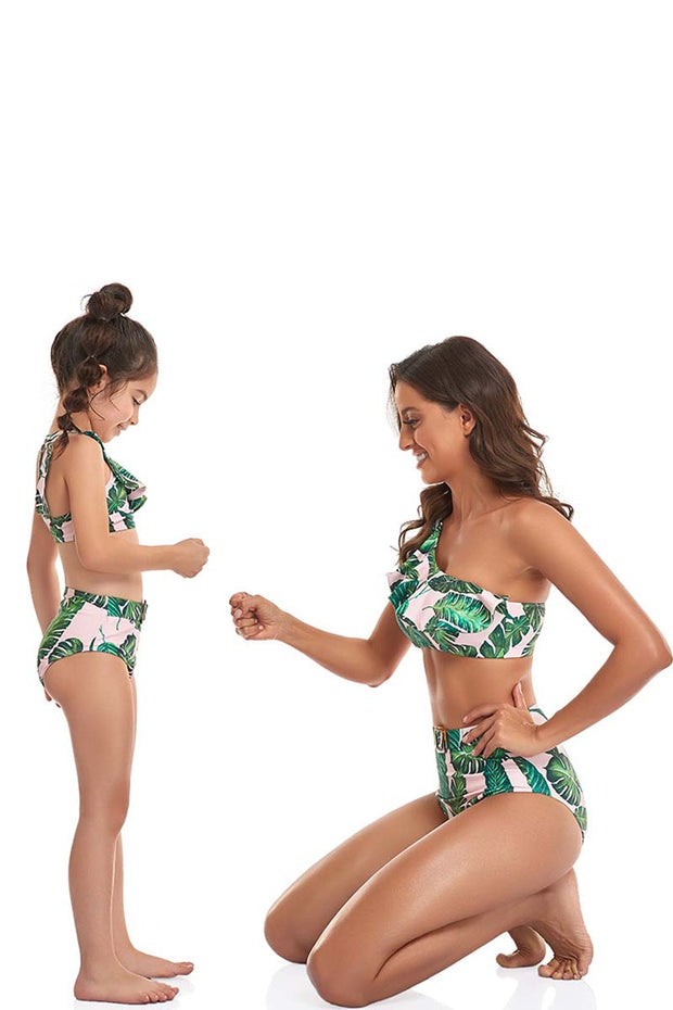 One Shoulder Ruffle Solid Print Parent-child Two Pieces Swimsuit