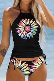 Simple Colorful Floral Black Halter Two-Piece Swimsuit
