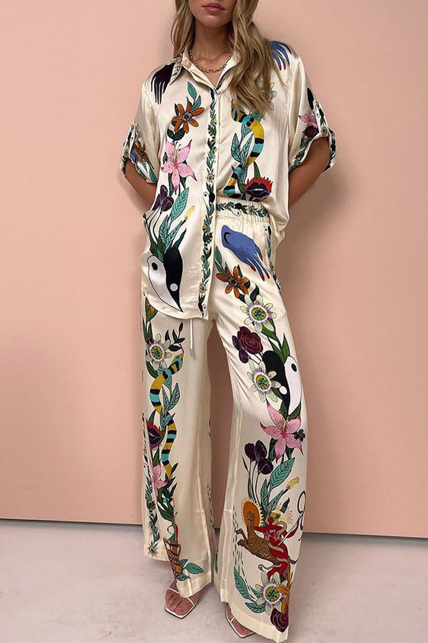 Flower jungle print casual two-piece set