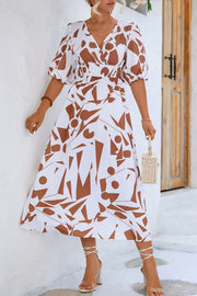 Print V Neck Beach Bubble Sleeve Midi Dress