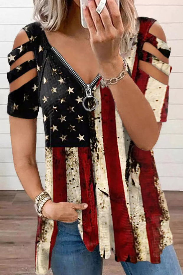 American Flag Star Striped Zipper Collar Blouse